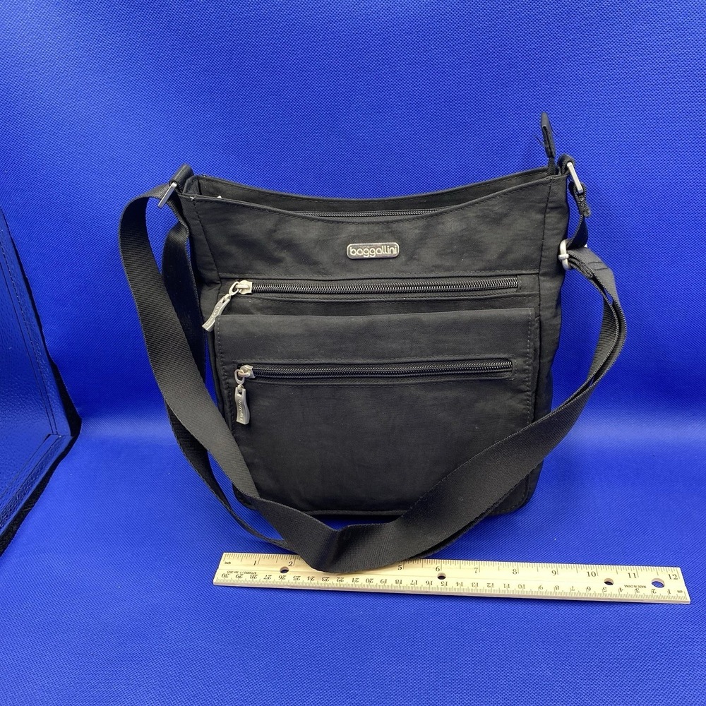 BAGGALLINI Classic Essential Crossbody Bag Black Nylon 2 Zip Travel Purse 9 x 10